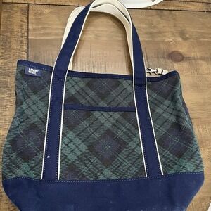 Lands End Medium Print/Plaid Blue‎ & Green 5 Pocket Open Top Canvas Tote Bag